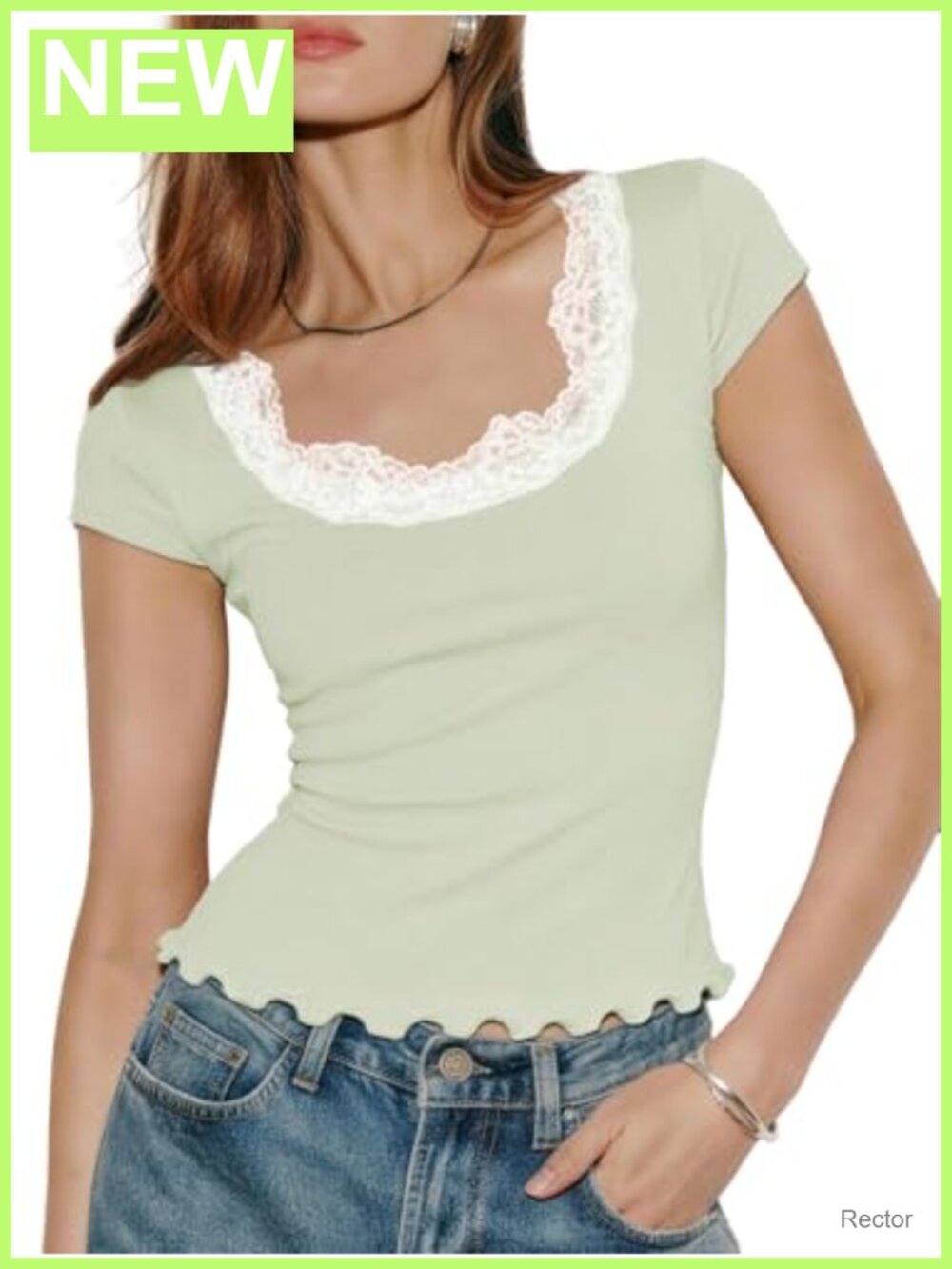 Lace Trim Scoop Neck Cap Sleeve Cropped Tee Balletcore Slim Fit Summer Top